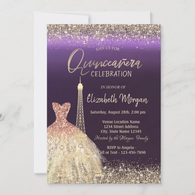 Eiffel Tower Confetti Dress Purple Quinceanera Invitation (Front)