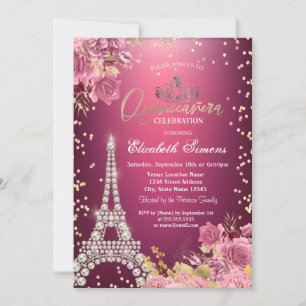 Eiffel Tower Diamonds Roses Red Quinceanera Invitation