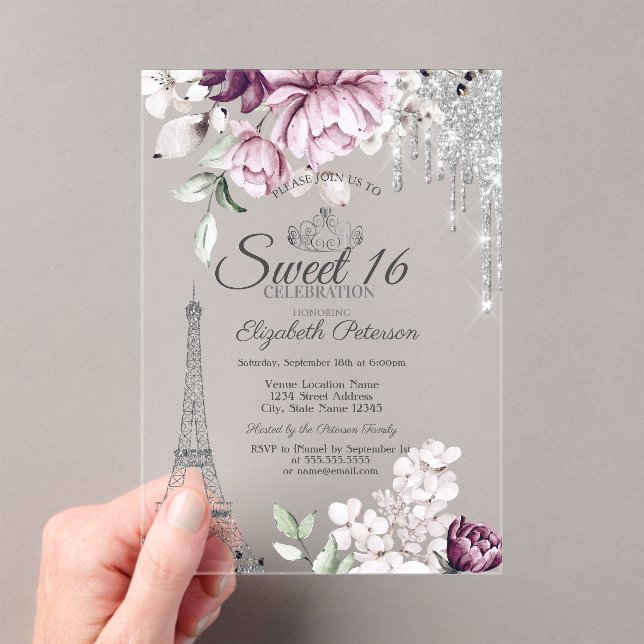  Eiffel Tower,Drips,Lilac Flowers Sweet 16   Acrylic Invitations (Insitu (Handheld))