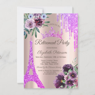  Eiffel Tower,Drips,Violet Flowers Retirement  Invitation