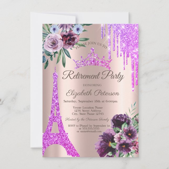  Eiffel Tower,Drips,Violet Flowers Retirement  Invitation (Front)
