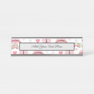 Eiffel Tower Flowers Pink Hearts Paris French Desk Name Plate