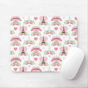 Eiffel Tower Flowers Pink Hearts Paris French Mouse Pad