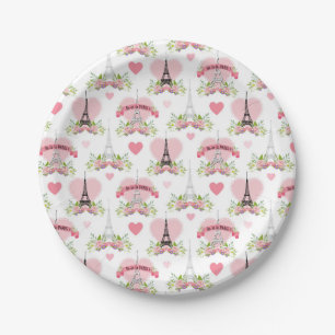 Eiffel Tower Flowers Pink Hearts Paris French Paper Plate