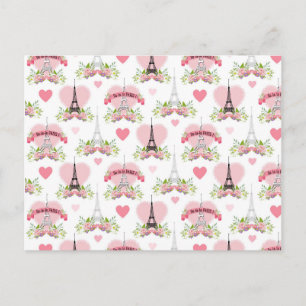 Eiffel Tower Flowers Pink Hearts Paris French Postcard
