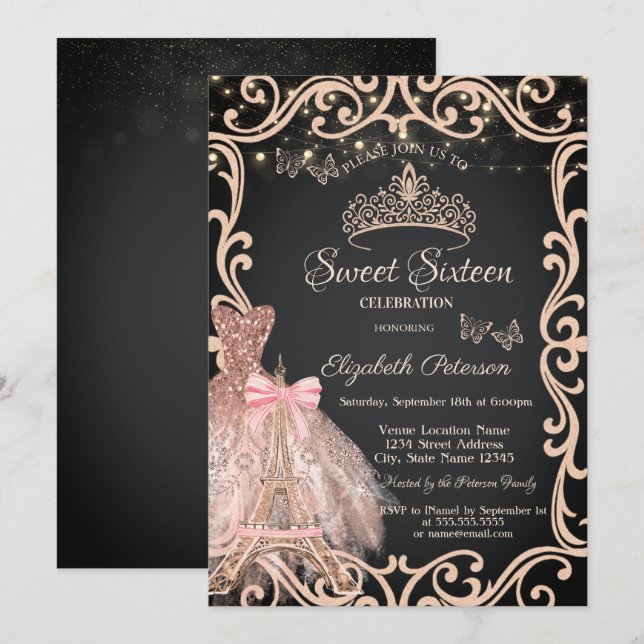 Eiffel Tower Frame Dress Glitter Butterfly  Invitation (Front/Back)