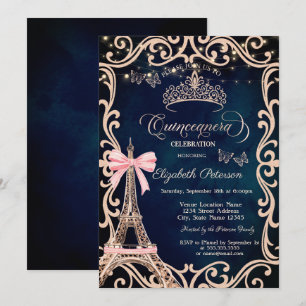 Eiffel Tower Frame Glitter Butterfly Blue  Invitation