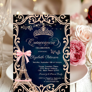 Eiffel Tower Frame Glitter Butterfly Blue Invitation