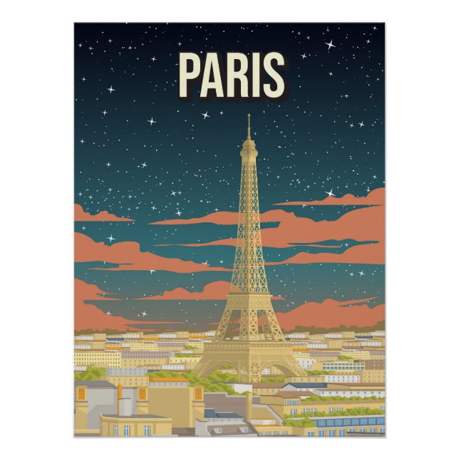 Eiffel Tower France Night View Travel Poster (Devant)