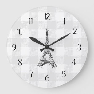 Eiffel Tower French Country Grey Gingham Pattern Large Clock