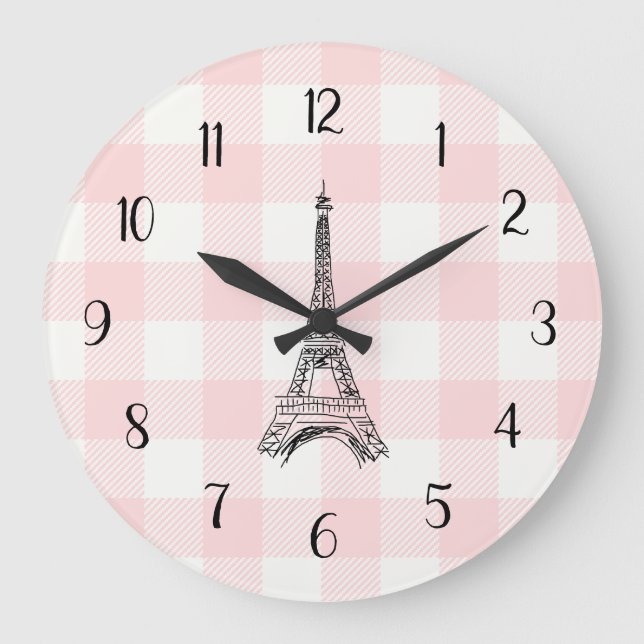 Eiffel Tower French Country Pink Gingham Pattern Large Clock (Front)