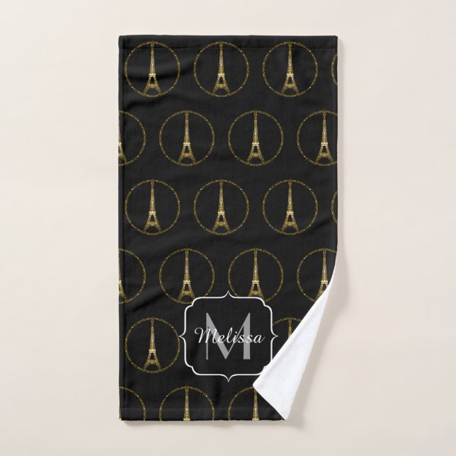 Eiffel Tower gold glitter sparkles black Monogram Bath Towel Set (Hand Towel)