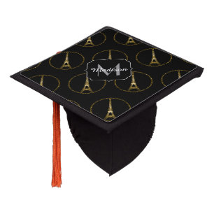 Eiffel Tower gold sparkles pattern  Monogram Black Graduation Cap Topper