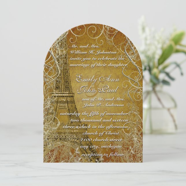 Eiffel Tower Gold Swirl Leaves Burnt Gold Metallic Invitation (Standing Front)