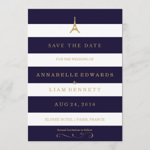 Eiffel Tower gold with stripes Save the Date Card