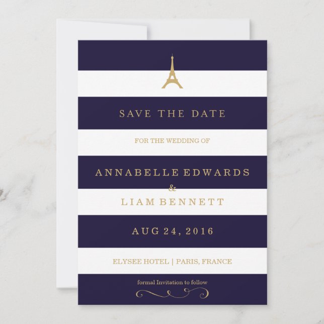 Eiffel Tower gold with stripes Save the Date Card (Front)