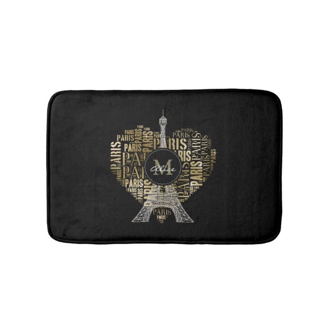 Eiffel Tower | Golden Inscriptions Paris in Heart Bath Mat (Front)