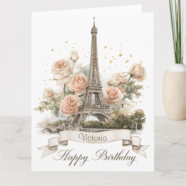 Eiffel Tower "Happy Birthday" with Custom Name Card (Front)