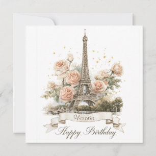 Eiffel Tower "Happy Birthday" with Custom Name Holiday Card