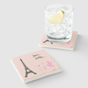 Eiffel Tower, Hearts, Polka Dots - Black Pink Stone Coaster