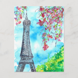 Eiffel Tower in Spring Watercolor Postcard