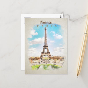 Eiffel Tower in watercolor postcard