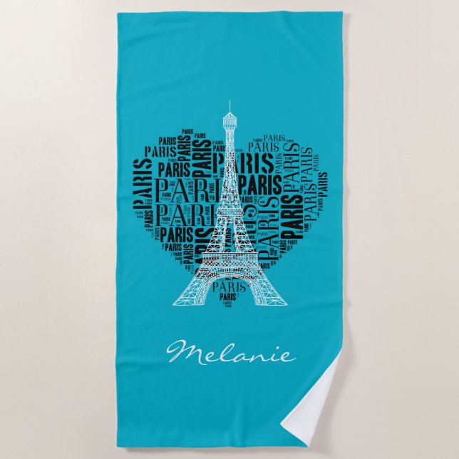 Eiffel Tower & Inscriptions Paris in Heart Beach Towel (Front)