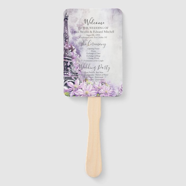 Eiffel Tower Lavender Romance Wedding Program Hand Fan (Front)
