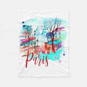 Eiffel Tower Meet Me in Paris Watercolor Splatter Fleece Blanket
