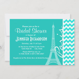 Eiffel Tower on Aqua Colour Chevron Invitation