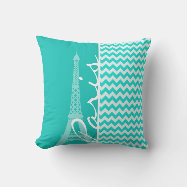 Eiffel Tower on Aqua Colour Chevron Throw Pillow (Front)