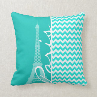 Eiffel Tower on Aqua Colour Chevron Throw Pillow