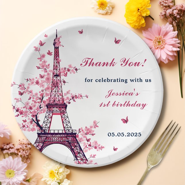 Eiffel Tower Paris 1st Birthday Party Paper Plate (Creator Uploaded)