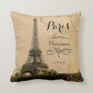Eiffel Tower Paris Beige Faux Gold Monogram Name Throw Pillow