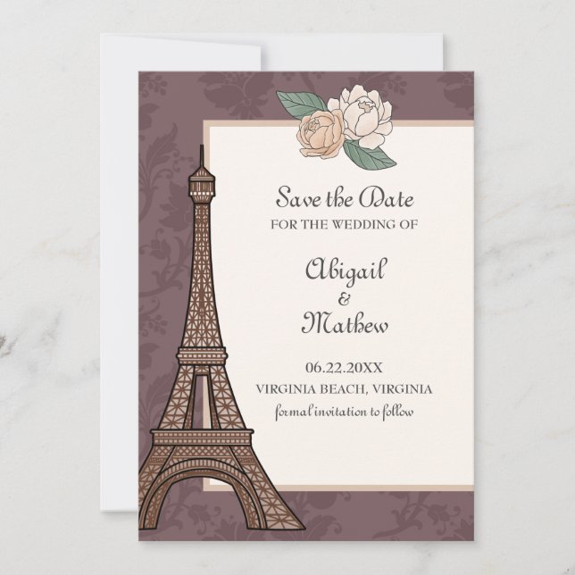 Eiffel Tower Paris Floral Damask Muted Purple Save The Date (Front)