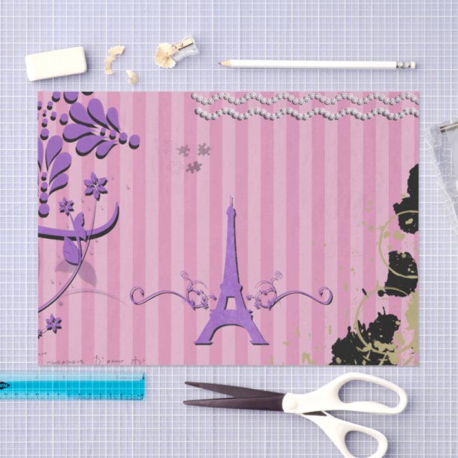 Eiffel Tower, Paris, Flowers, Stripes, Pink Tissue Paper (Craft)
