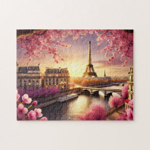 Eiffel Tower Paris France Cherry Blossom Romantic Jigsaw Puzzle