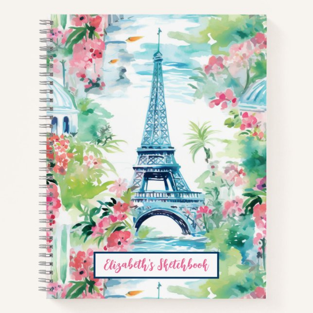 Eiffel Tower Paris France Floral Artist Sketchbook Notebook (Front)
