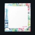 Eiffel Tower Paris France Floral Notepad<br><div class="desc">A pretty watercolor Paris Eiffel Tower illustration decorates this notepad.  Personalize it with your name. It coordinates with Eiffel tower backpack and school supplies. So fashionable for back to school.</div>