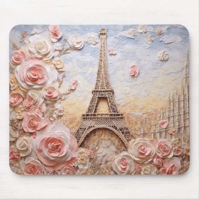 Eiffel Tower Paris France French Pink Floral Mouse Pad (Front)