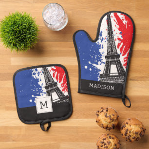 Eiffel Tower Paris, France Grunge Flag Oven Mitt & Pot Holder Set