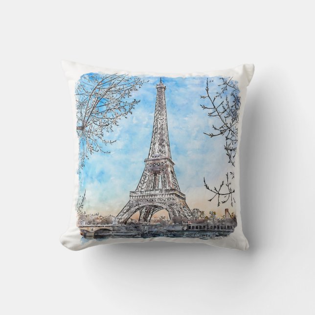 Eiffel Tower Paris France Hand Drawn Watercolor Throw Pillow (Front)