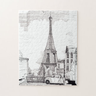 Eiffel Tower Paris France Pen Ink Illustration Jigsaw Puzzle