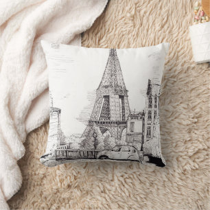 Eiffel Tower Paris France Pen Ink Illustration Throw Pillow