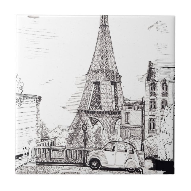 Eiffel Tower Paris France Pen Ink Illustration Tile (Front)
