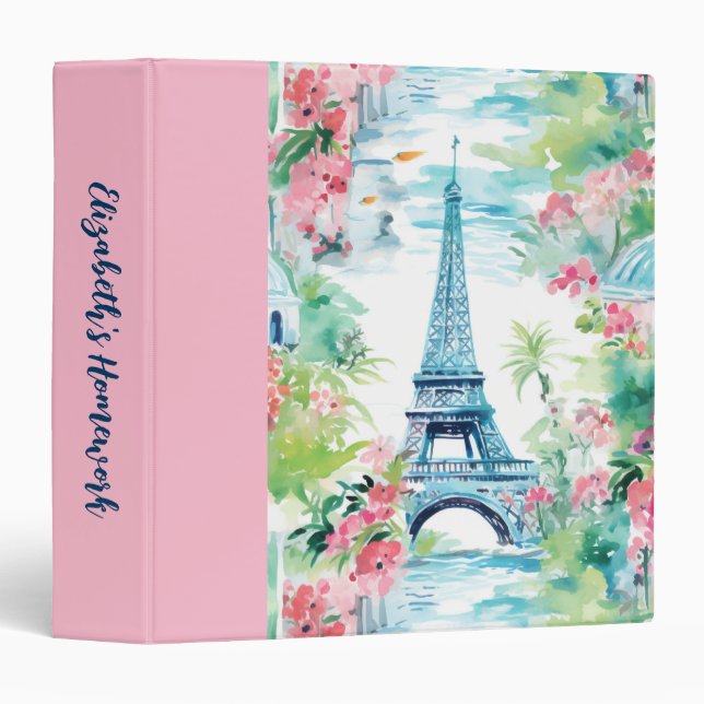 Eiffel Tower Paris France Pink Floral Binder (Front/Spine)