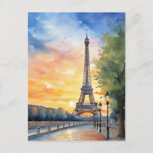 Eiffel Tower Paris France Sunset Watercolor Travel Postcard
