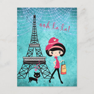 Eiffel Tower Paris Girl and Cat Blue Damask Postcard
