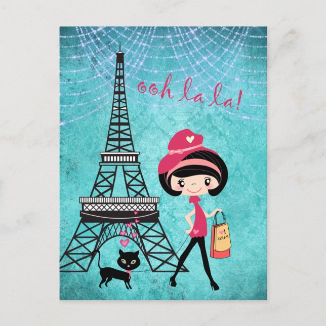 Eiffel Tower Paris Girl and Cat Blue Damask Postcard (Front)