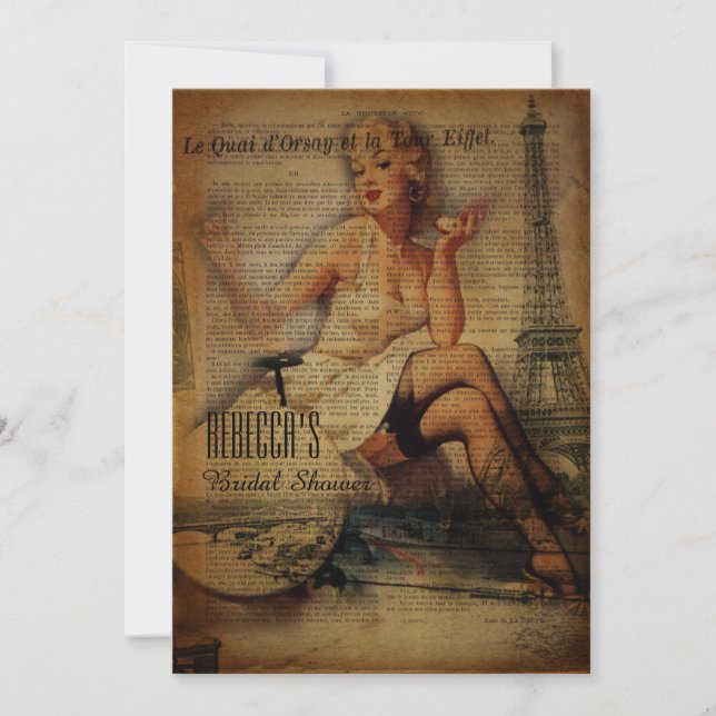 eiffel tower paris girl retro bridal shower invitation (Front)